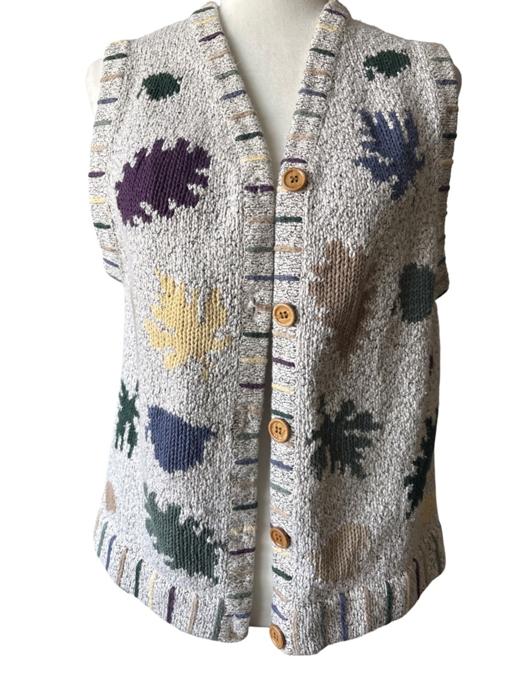 Cottage Cove Cream Leaf-Print Button-Front Sweater Vest